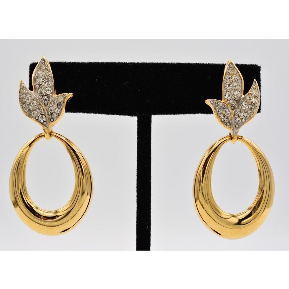 Givenchy Vintage Clip On Earrings Rhinestone Crystal Leaf Gold Signed 80s BinAG
